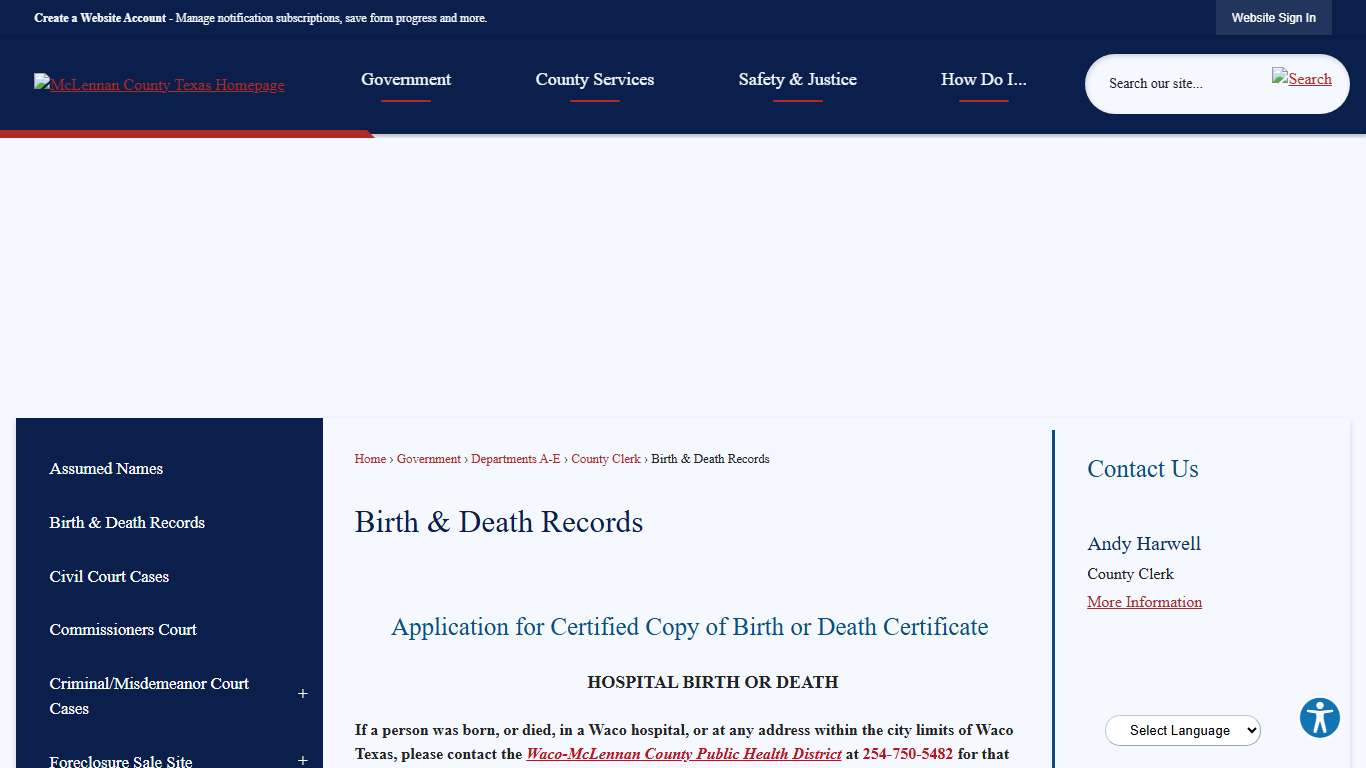 Birth & Death Records | McLennan County, TX